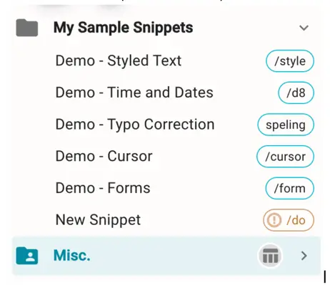 A preview of folders in Text Blaze