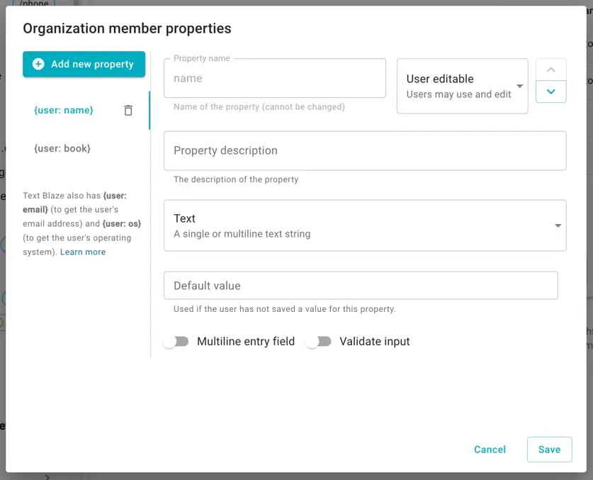 The user properties dialog