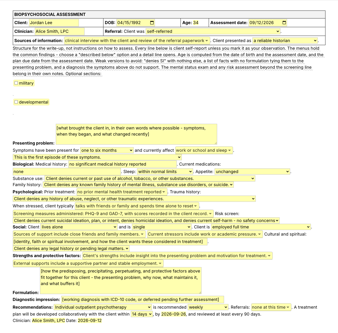 Text Blaze pop-up for the /bps template: a header table with client, date of birth, computed age, assessment date, clinician and a referral menu, then presenting problem, biological, psychological, social, strengths, formulation and recommendations sections with text fields, menus and two optional-section toggles