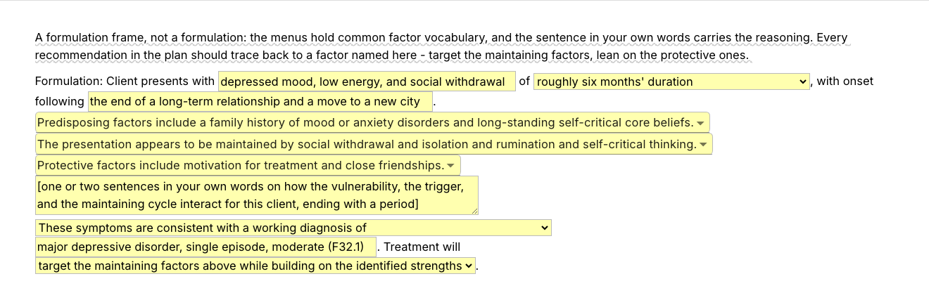 Text Blaze pop-up for the /formulation template: text fields for presenting symptoms and precipitant, menus for predisposing, maintaining and protective factors, a paragraph field for the clinician's own reasoning, a diagnosis field and a treatment direction menu