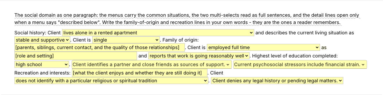 Text Blaze pop-up for the /social template: menus for living situation, relationship, work and education, text fields for family of origin and recreation, and menus for supports, stressors, faith and legal history