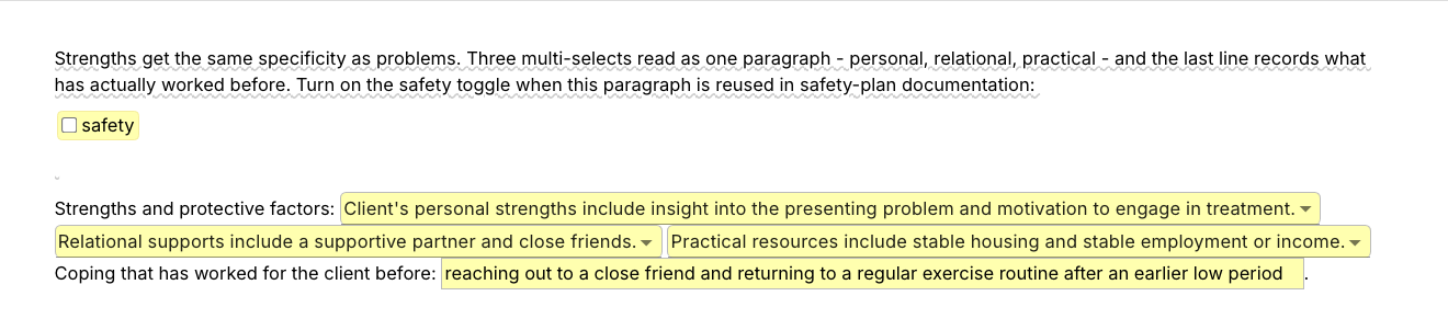 Text Blaze pop-up for the /strengths template: menus for personal strengths, relational supports and practical resources, a text field for coping that has worked before and a safety-planning toggle