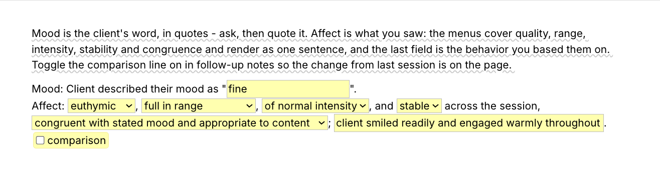 Text Blaze pop-up for the /affect template: a text field for the client's mood in quotes, menus for affect quality, range, intensity, stability and congruence, a text field for the observed behavior, and a toggle that adds a comparison with the previous session