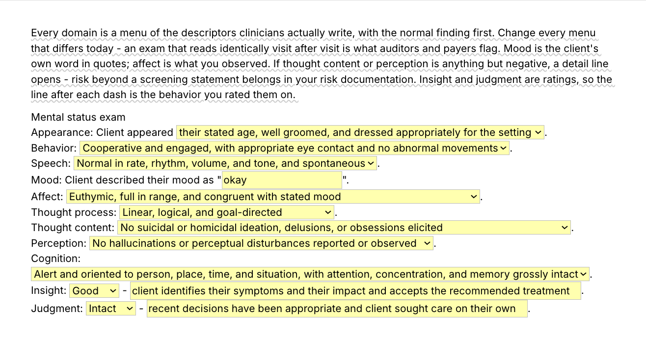 Text Blaze pop-up for the /mse template: drop-down menus of descriptors for appearance, behavior, speech, affect, thought process, thought content, perception and cognition, a text field for the client's mood in quotes, and insight and judgment ratings, each followed by a text field for the behavior behind the rating