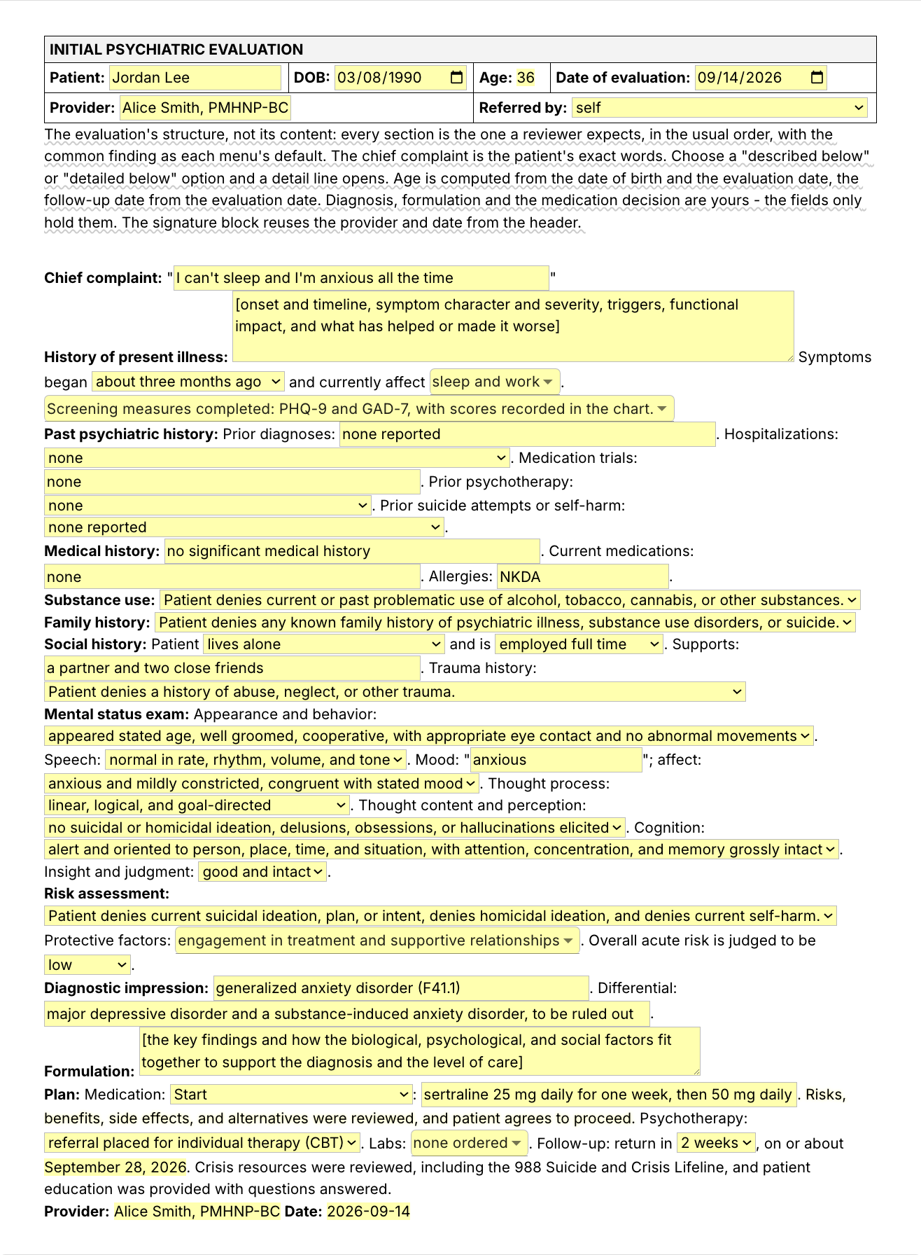 Text Blaze pop-up for the /psycheval template: a header table with patient, date of birth, computed age, evaluation date, provider and a referral menu, then chief complaint, HPI, psychiatric, medical, substance, family and social history, a mental status exam paragraph, risk assessment, diagnostic impression, formulation and a plan with medication, psychotherapy, labs and a computed follow-up date