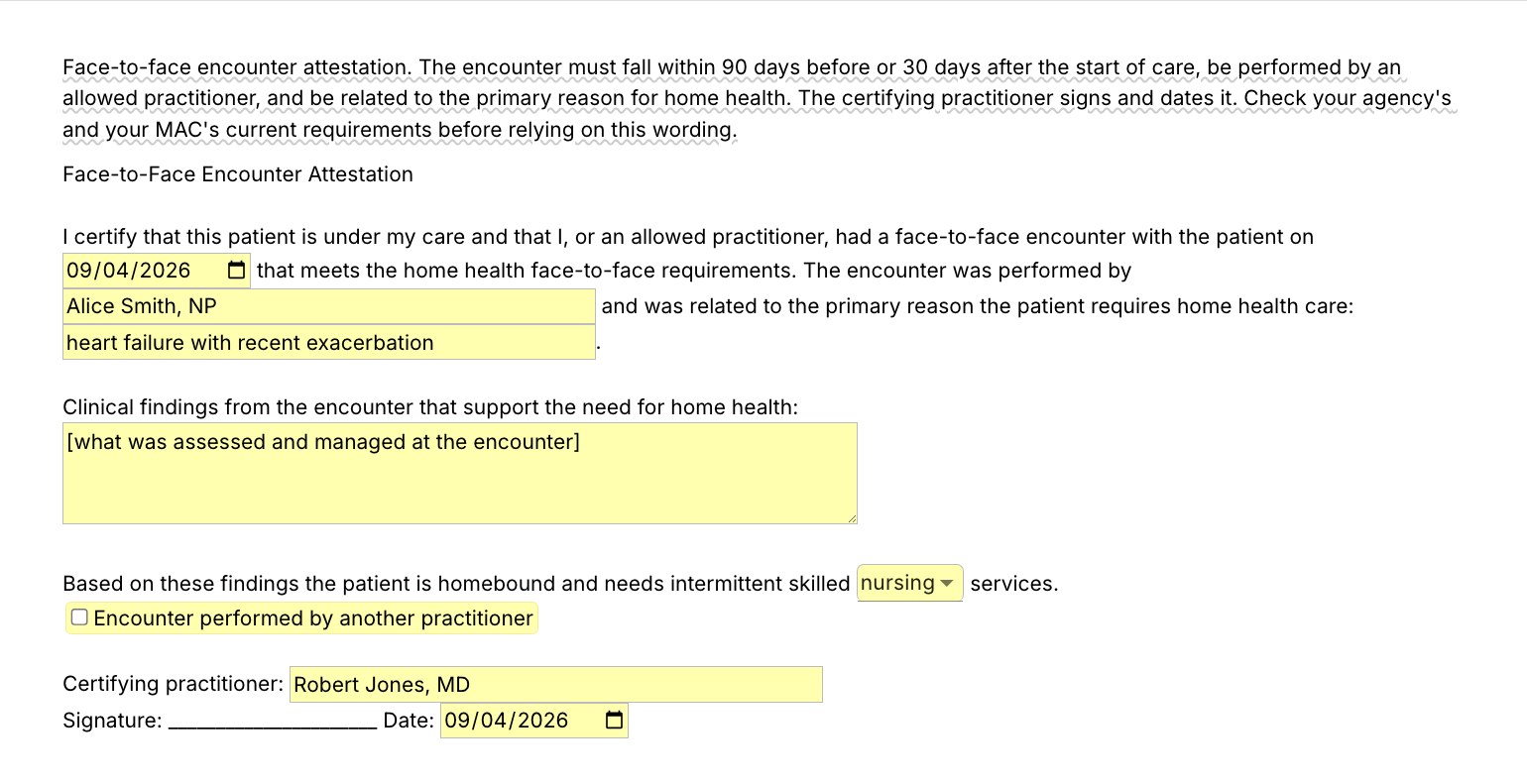 Text Blaze pop-up for the /f2f template: the encounter date, the practitioner who performed it, the related diagnosis, a field for the clinical findings, a menu for the skilled services needed, a toggle for an encounter by another practitioner, and the certifying practitioner's name and signature date