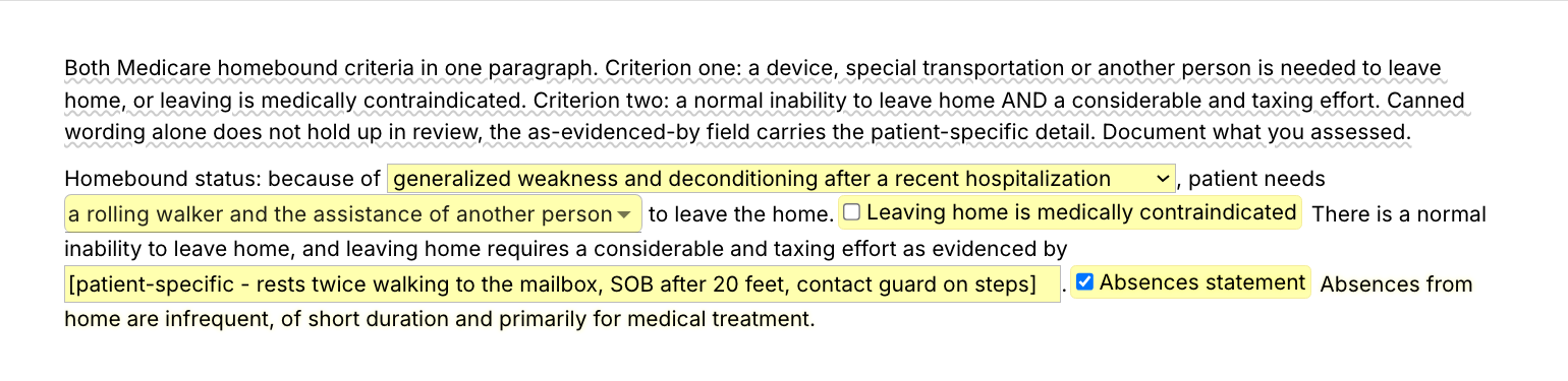 Text Blaze pop-up for the /homebound template: a menu for the condition, a multi-select menu for the devices or help needed to leave home, a toggle for when leaving home is medically contraindicated, a text field for the patient-specific evidence and a toggle for the absences sentence