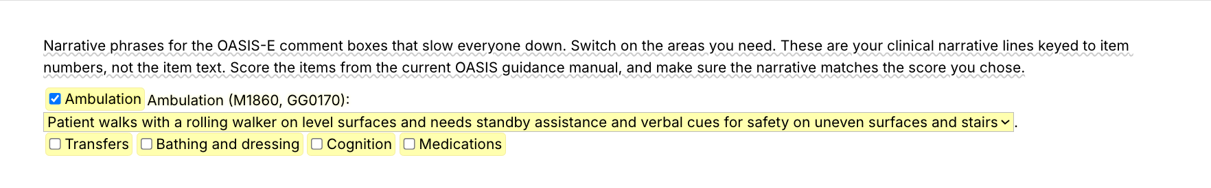 Text Blaze pop-up for the /mitem template: toggles for ambulation, transfers, bathing and dressing, cognition and medications, with ambulation switched on and its menu of narrative phrases keyed to M1860 and GG0170