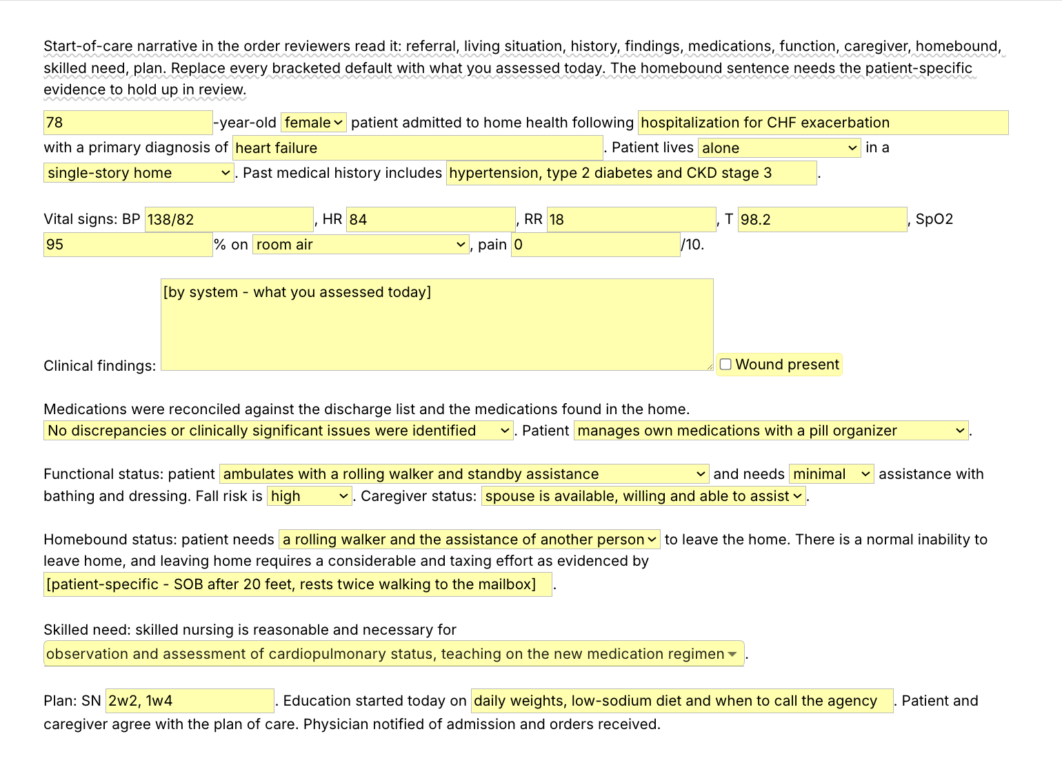Text Blaze pop-up for the /socnar template: text fields for age, the event that led to home health, the primary diagnosis, past medical history and vital signs, menus for sex, living situation, home type and oxygen, a findings-by-system field with a wound toggle, menus for medication reconciliation and management, mobility, bathing and dressing assistance, fall risk, caregiver status and the help needed to leave home, a homebound evidence field, a skilled-need menu and the frequency and teaching fields