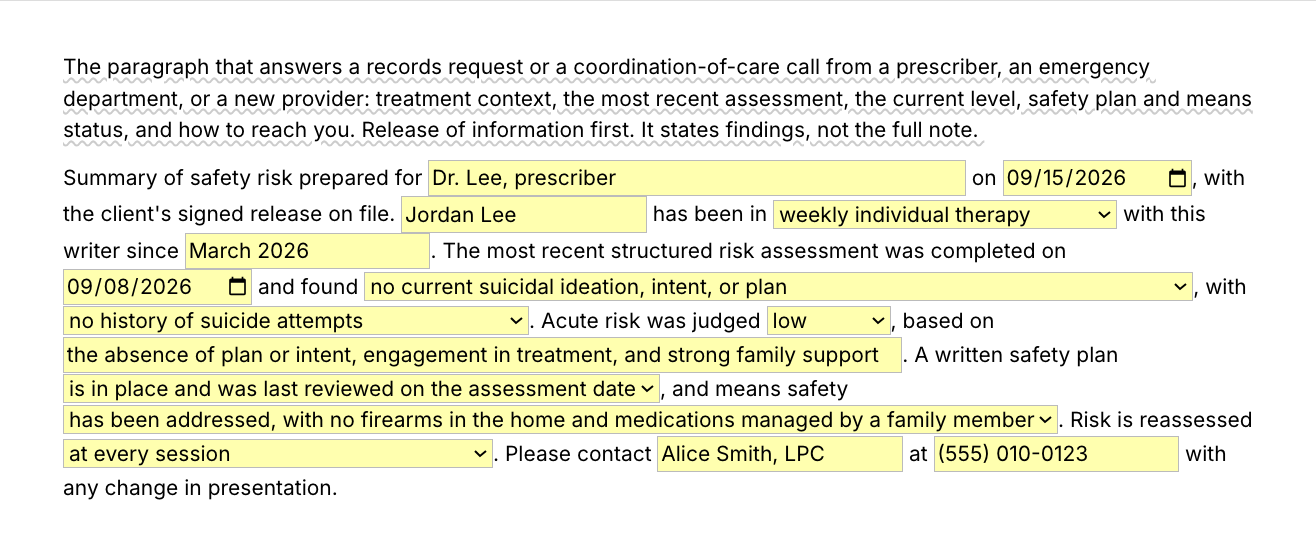 Text Blaze pop-up for the /recordsummary template: recipient, date, client and treatment fields, then menus for the most recent finding, history, the judged risk level, safety plan status, means safety and reassessment cadence, and the clinician's contact fields