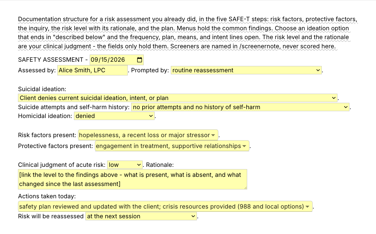 Text Blaze pop-up for the /risk template: date, clinician and a menu for what prompted the assessment, an ideation menu that opens frequency, plan, means and intent lines, history and homicidal ideation menus, risk factor and protective factor menus, a risk level menu with a rationale field, actions taken and a reassessment menu