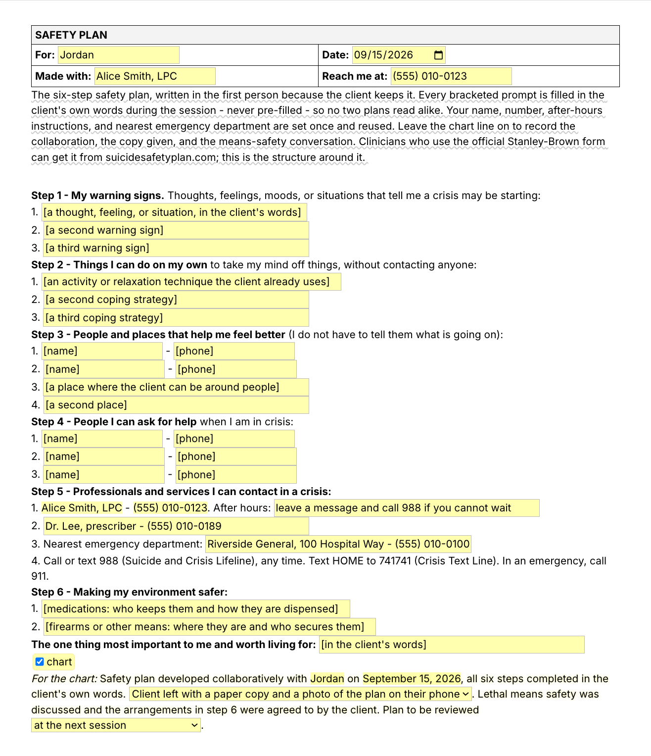 Text Blaze pop-up for the /safetyplan template: client, date, clinician and phone fields, six steps with text fields for warning signs, coping strategies, people and places, crisis contacts and means safety, and a chart toggle with copy and review menus