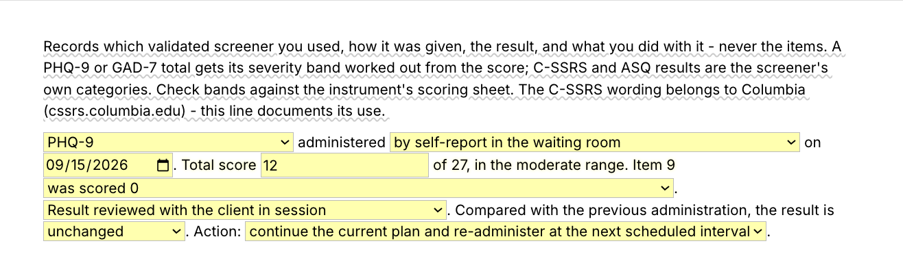 Text Blaze pop-up for the /screenernote template: an instrument menu, how and when it was given, a total score field with its severity range, an item 9 menu, and menus for review with the client, comparison with the last administration and the action taken
