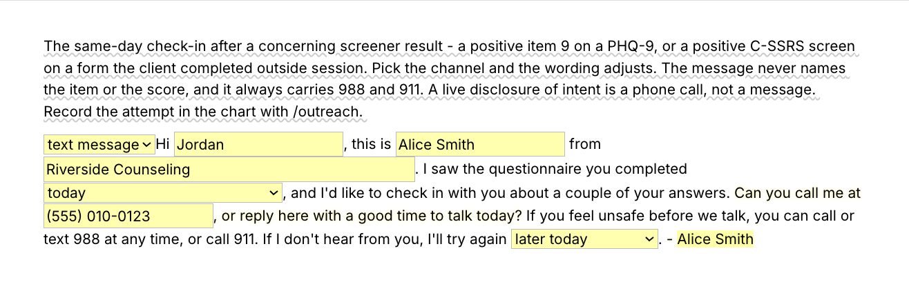 Text Blaze pop-up for the /screenfu template: a channel menu for text message, voicemail or email, fields for client, clinician, practice and phone, and menus for when the questionnaire was completed and when the clinician will try again