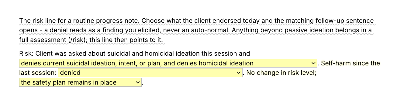 Text Blaze pop-up for the /sinote template: a menu for what the client endorsed when asked about suicidal and homicidal ideation, with follow-up menus for self-harm since the last session and safety plan status