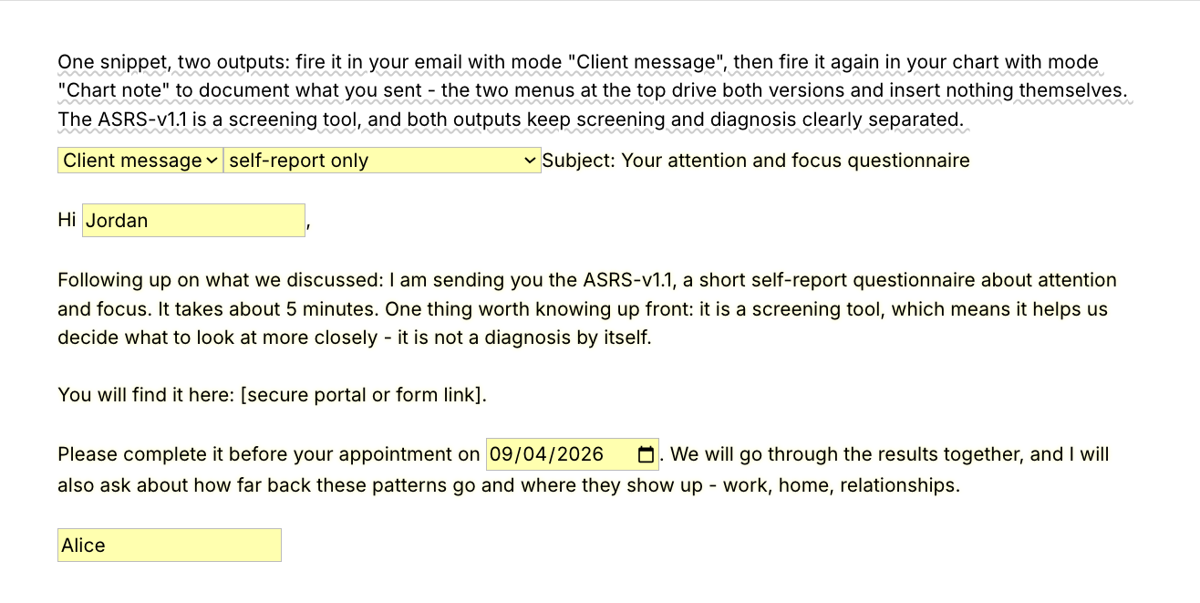 Text Blaze pop-up for the /adhdscreen template: a menu for client message or chart note, a menu for self-report only or self-report plus a collateral form, client name and appointment date fields