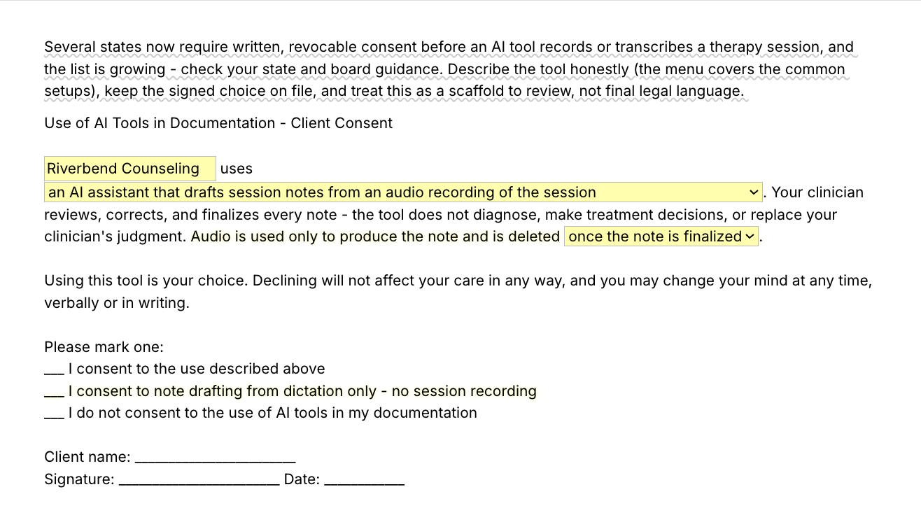 Text Blaze pop-up for the /aiconsent template: a practice field, a menu that describes the AI tool, an audio retention menu, the mark-one consent choices and signature lines