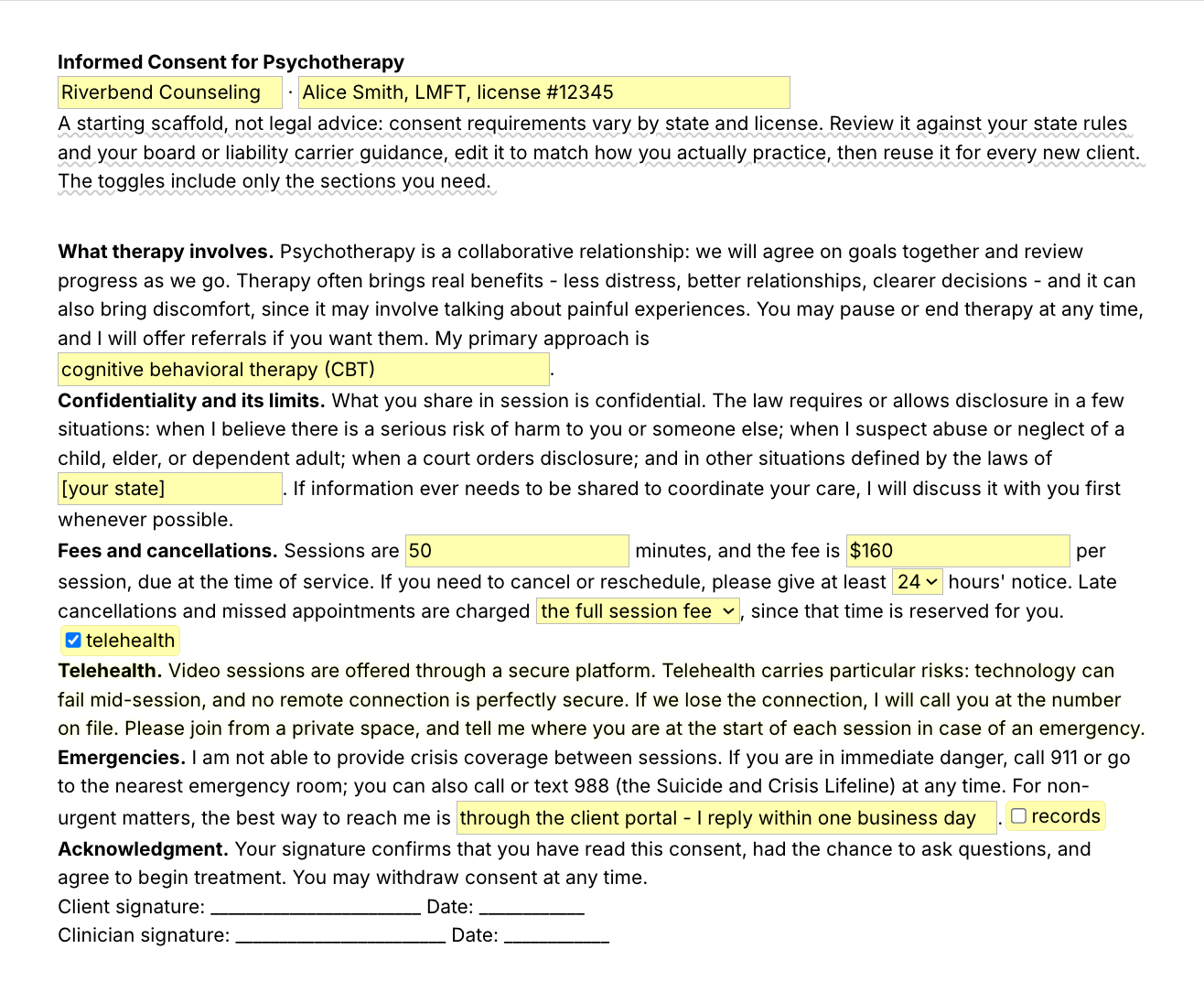 Text Blaze pop-up for the /consent template: practice and clinician fields, paragraphs on what therapy involves, confidentiality and its limits with a state field, fees with session length, fee, notice-window and late-cancellation menus, telehealth and records toggles, emergencies and signature lines