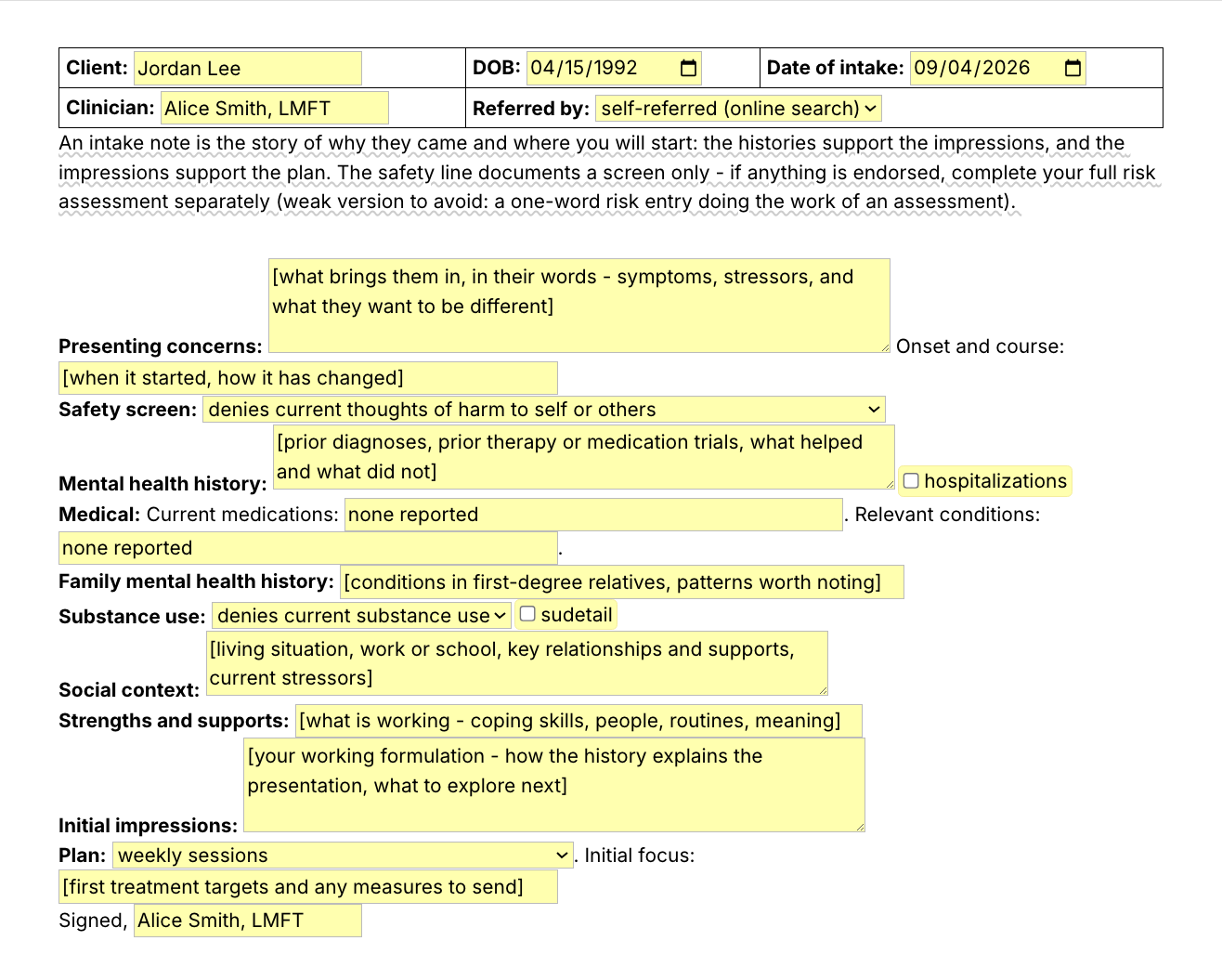 Text Blaze pop-up for the /intake template: a header with client, date of birth, intake date, clinician and a referral menu, then presenting concerns, a safety screen menu, mental health history, medications and conditions, family history, a substance use menu, social context, strengths, initial impressions, a plan menu and a signature