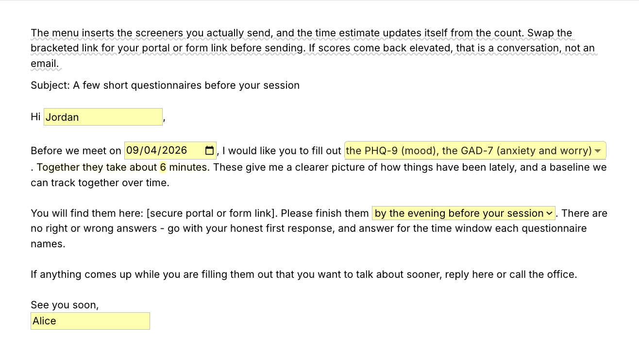 Text Blaze pop-up for the /screeners template: client name and appointment date fields, a menu to pick several of PHQ-9, GAD-7, PCL-5 and ASRS-v1.1, a time estimate that follows the count and a due-by menu