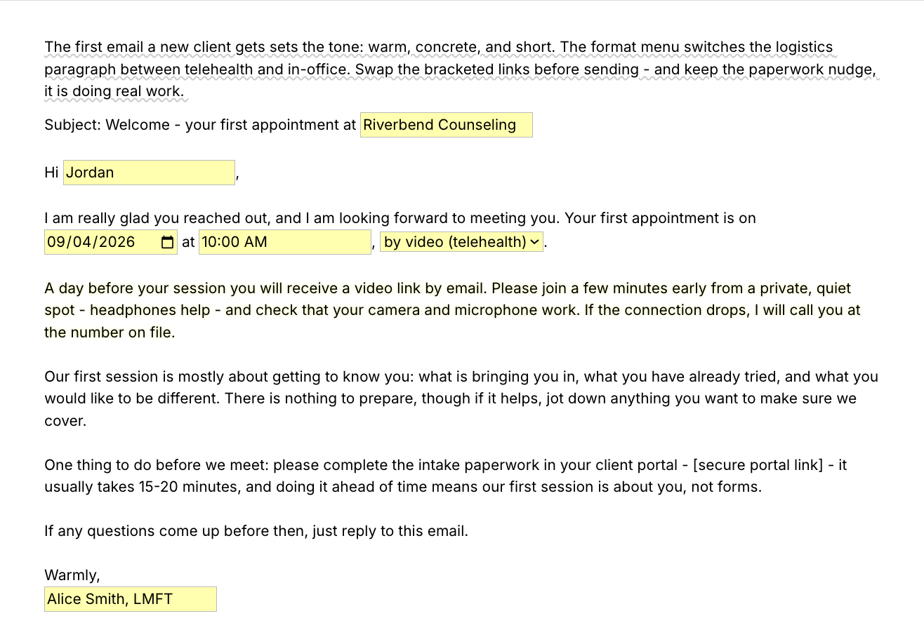 Text Blaze pop-up for the /welcome template: practice, client name, appointment date and time fields, a video-or-office menu that switches the logistics paragraph, and the intake paperwork request