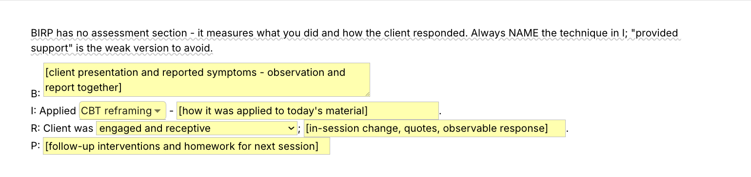 Text Blaze pop-up for the /birp template: behavior field, technique menu with how it was applied, client response menu and plan field