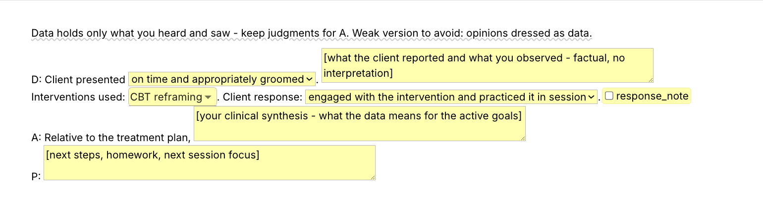 Text Blaze pop-up for the /dap template: presentation menu, data field, interventions menu, client response menu, assessment and plan fields