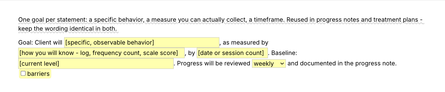 Text Blaze pop-up for the /goal template: behavior, measure, timeframe and baseline fields, a review-interval menu and a barriers toggle