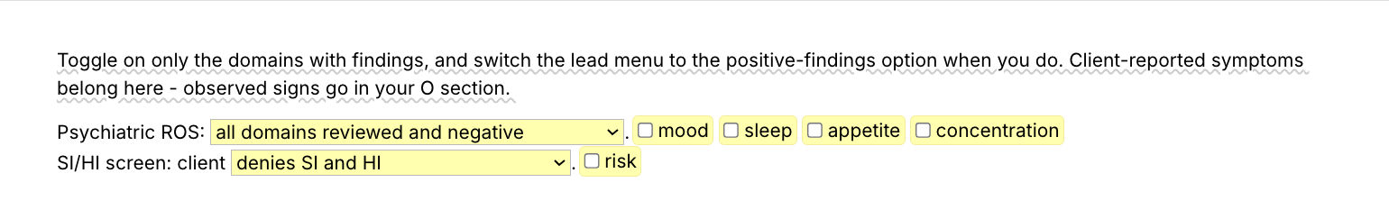 Text Blaze pop-up for the /ros template: a lead menu, toggles for mood, sleep, appetite and concentration, an SI/HI screen menu and a risk-note toggle