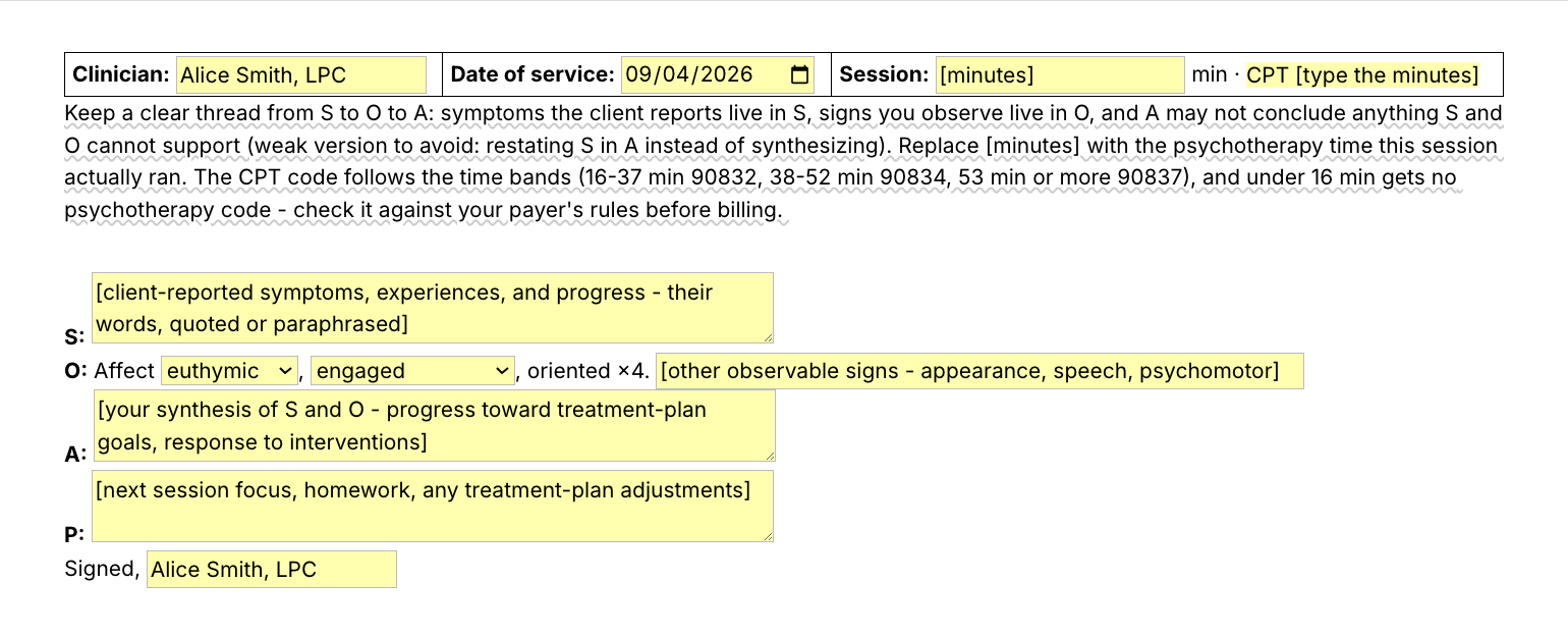 Text Blaze pop-up for the /soap template: clinician, date of service and a minutes field that sets the CPT code, then S, O, A and P fields with affect and engagement menus