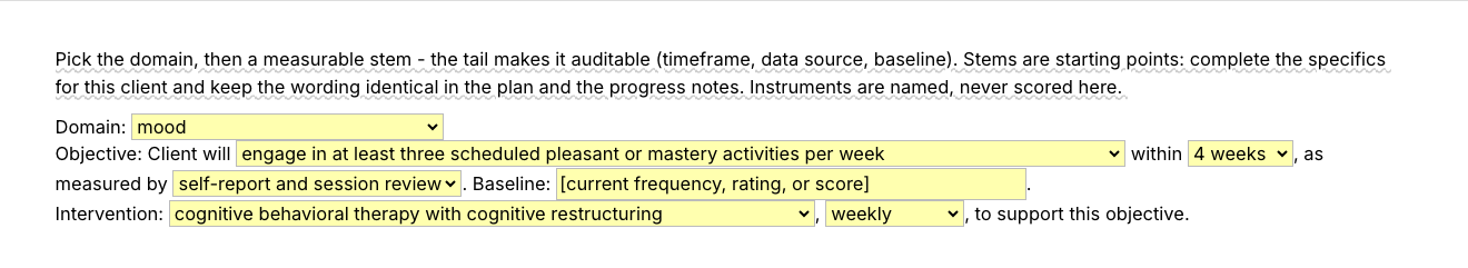 Text Blaze pop-up for the /objectives template: a domain menu, a menu of measurable objective stems for that domain, timeframe and data-source menus, a baseline field, and intervention and frequency menus