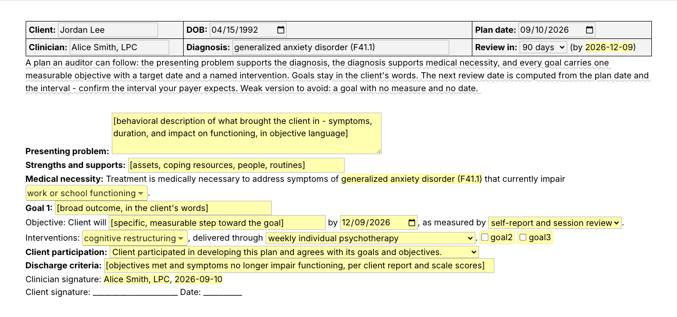 Text Blaze pop-up for the /txplan template: a header with client, date of birth, plan date, clinician, diagnosis and a review-interval menu with the review date next to it, then presenting problem, strengths, a medical necessity menu, Goal 1 with its objective, target date, measure and interventions menus, toggles for a second and third goal, a client participation menu, discharge criteria and signature lines