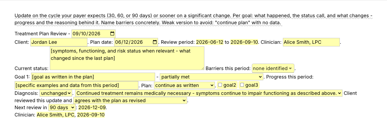 Text Blaze pop-up for the /txreview template: review date, client, plan date and clinician, a current-status field, a barriers menu, a status menu, progress field and plan menu for Goal 1, toggles for Goal 2 and Goal 3, diagnosis, continued-necessity and client-agreement menus, and the next review date