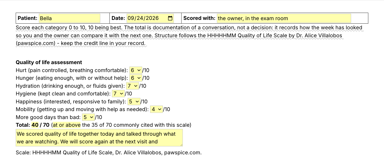Text Blaze pop-up for the /qol template: patient, date and who scored it, a 0 to 10 menu for each of seven categories, the total out of 70 computed from them, a summary field and the scale's credit line