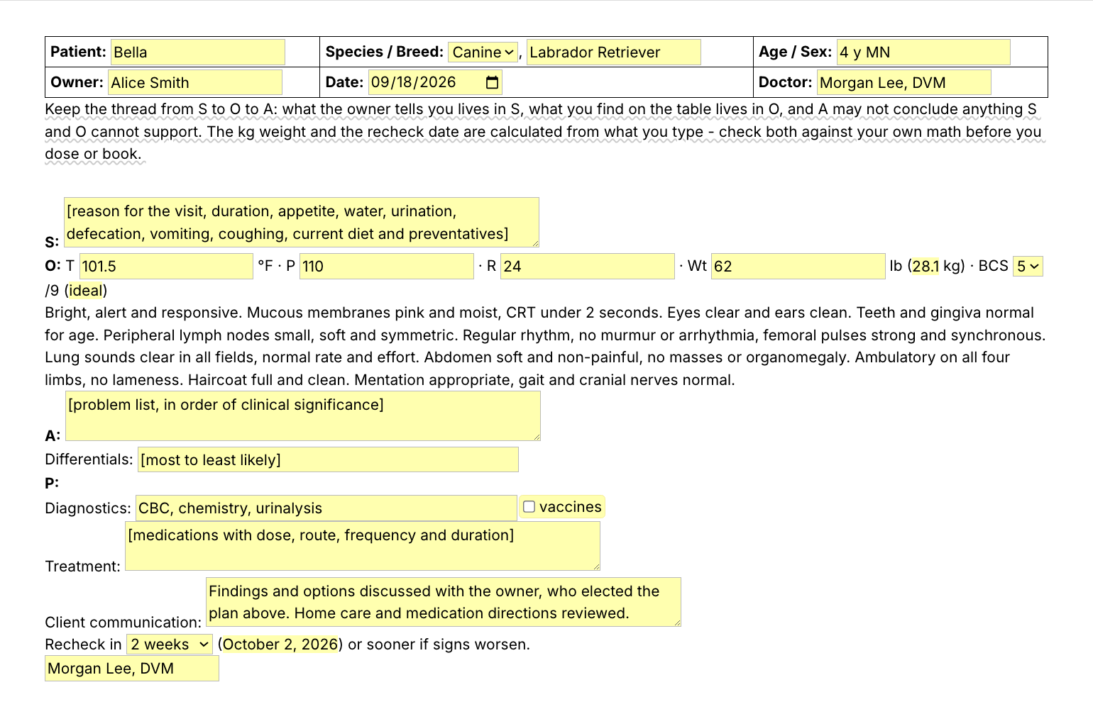 Text Blaze pop-up for the /vsoap template: patient, species, owner, date and doctor fields, a Subjective field, vitals fields with the weight converted to kg and a BCS menu that names the band, the normal exam paragraph, Assessment and Differentials fields, and a Plan with diagnostics, treatment, client communication and a recheck menu that sets the date