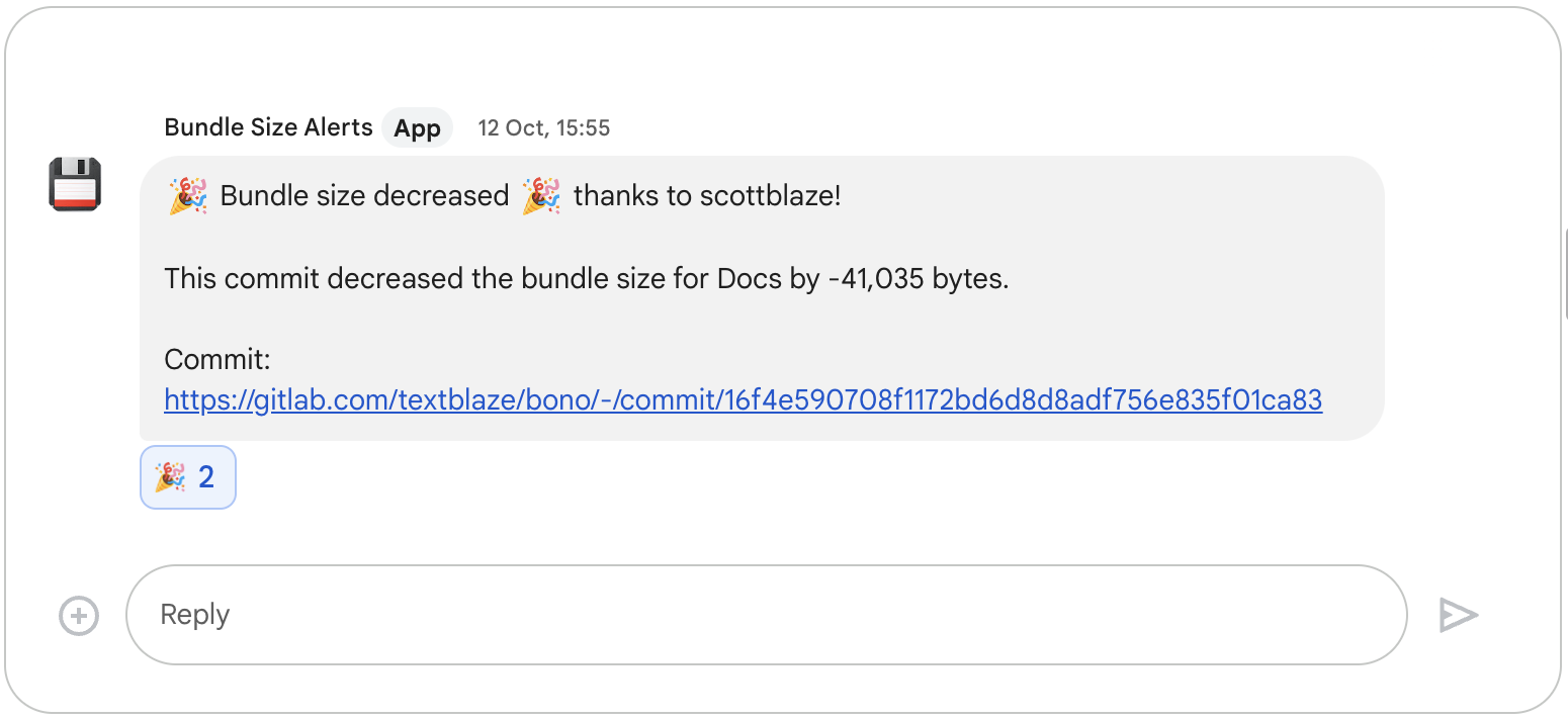 Google Chat screenshot showing bundle size decrease